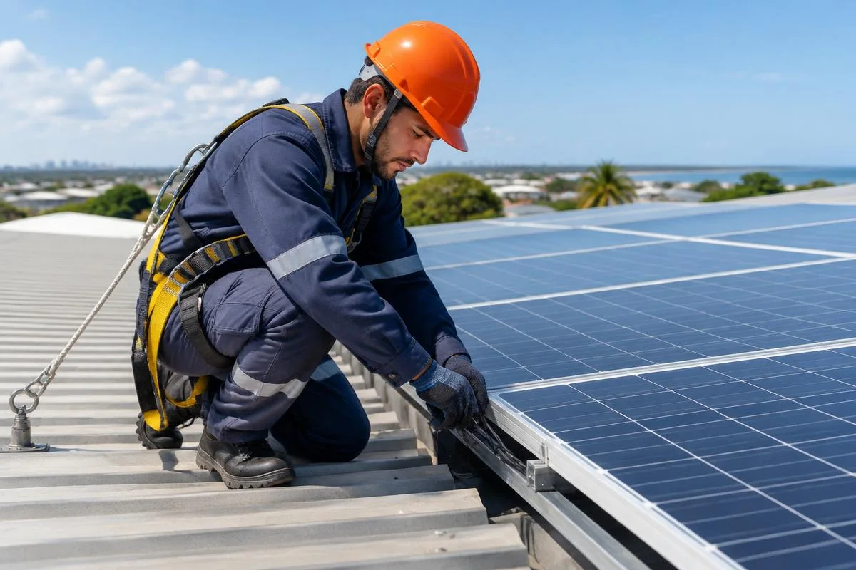 Profissional analisando uma instalação fotovoltaica — imagem ilustrativa