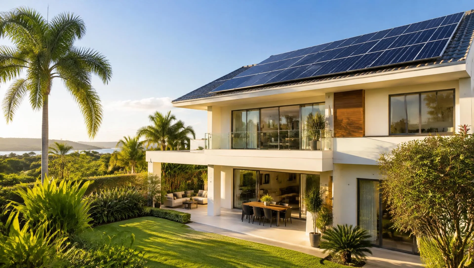 Residência com painéis solares no telhado — imagem ilustrativa